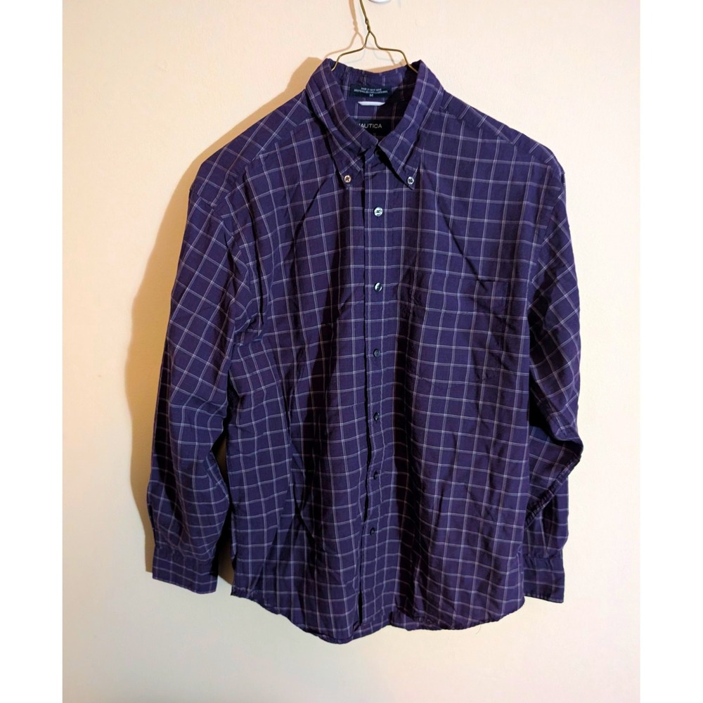 Nautica Mens M Purple Check Long Sleeve Button Up Shirt Tencel Lyocell Wool